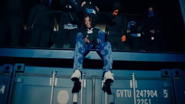 Amiri Blue Bandana Crochet Sweatpants worn by Digga D in Bluuwuu 2 music video by Digga D x Sav’O x Ty x Rack5 x Horrid1 x MSkum x Dodgy x ZK