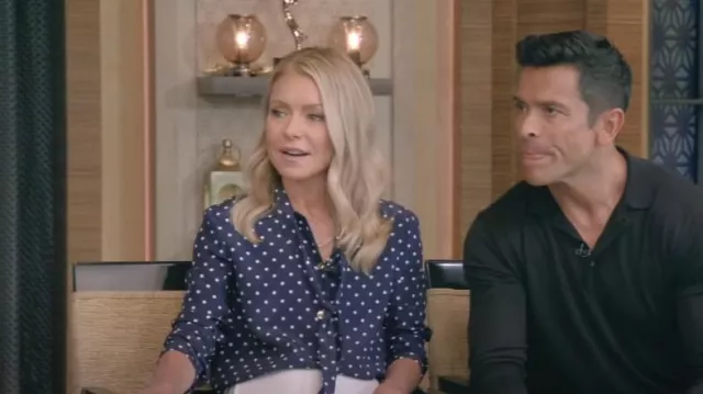 Miu Miu Polka-Dot Silk Scarf-Neck Shirt worn by Kelly Ripa as seen in LIVE with Kelly and Mark on September 4, 2023