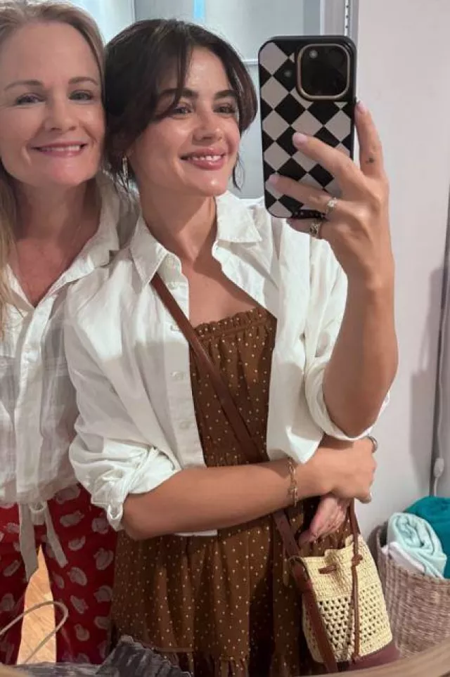 Sezane Nano Farrow Bucket Bag worn by Lucy Hale on her Instagram Story on September 3, 2023