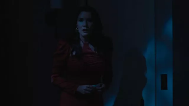 Astr The Label Cinched Hal­ter­neck Satin Dress worn by Zoe (Zoë Chao) as seen in The Afterparty (S02E10)