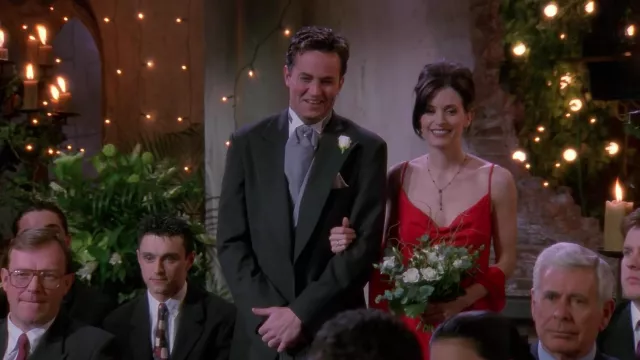 Red Slip Silk Cowl Dress worn by Monica Geller (Courteney Cox) in Friends TV show wardrobe (Season 4 Episode 24)