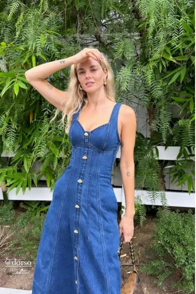 Aje May Denim Midi Dress worn by Samara Weaving on her Instagram Story on September 2, 2023