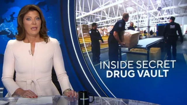 Scanlan Theodore Belted Crepe Knit Peplum Jacket worn by Norah O'Donnell as seen in CBS Evening News on  September 7, 2023