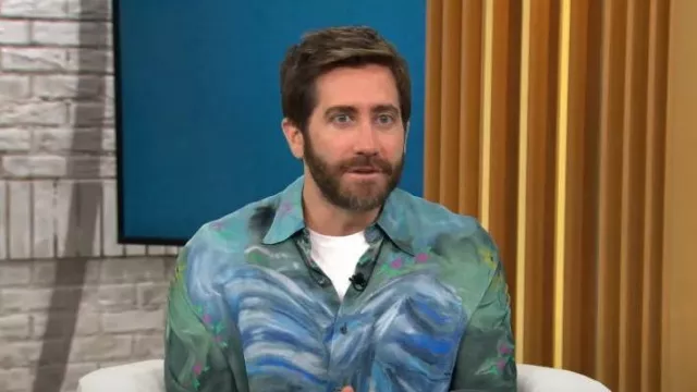 Acne Studios x Karen Kilimnick Bow Print Crinkle Button-Up Shirt worn by Jake Gyllenhaal in CBS Mornings TV show on  September 6, 2023