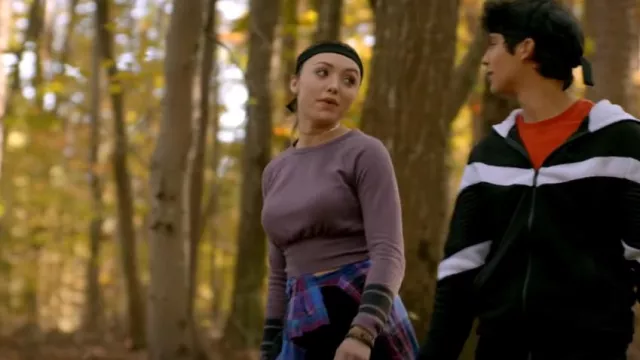 Material Girl Cropped Pur­ple Ac­tive Sweater worn by Tory Nichols (Peyton List) as seen in Cobra Kai (S02E07)