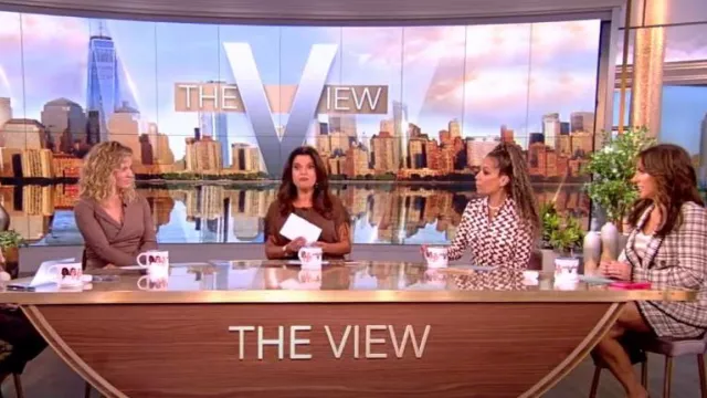 Navy Asymmetric Draped Checked Woven Midi Skirt worn by Sara Haines as seen in The View on September 8, 2023