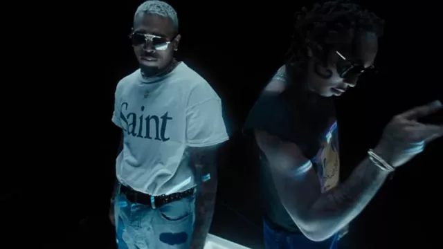 Saint Michael White Saint T-Shirt worn by Chris Brown in City Of Dreams by Tyla Yaweh (Official Music Video)