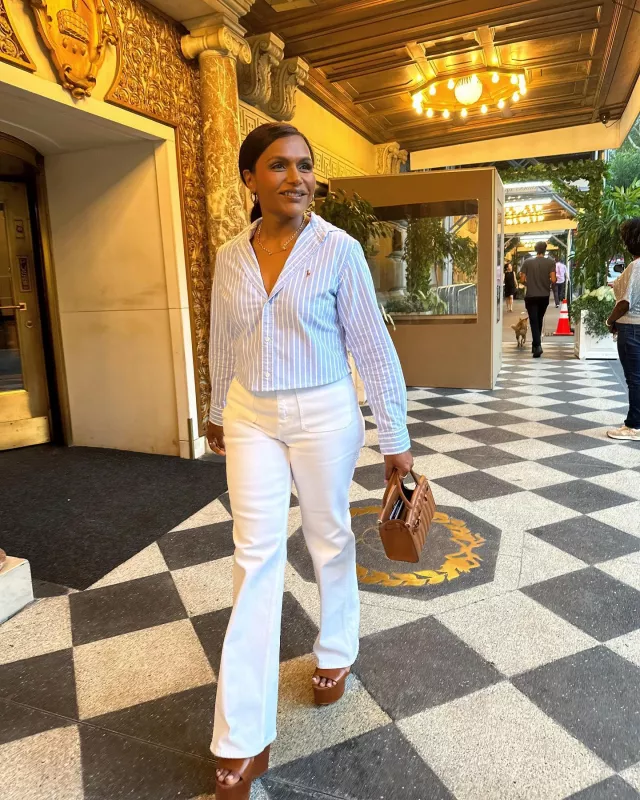 Ralph Lauren Collection Zadie Burnished Calfskin Sandal worn by Mindy Kaling in Us Open on September 9, 2023