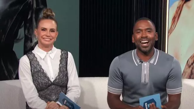 Cinq à sept Catili­na Com­bo Lace Shirt­ing Mini Dress worn by Keltie Knight as seen in E! News on September 7, 2023