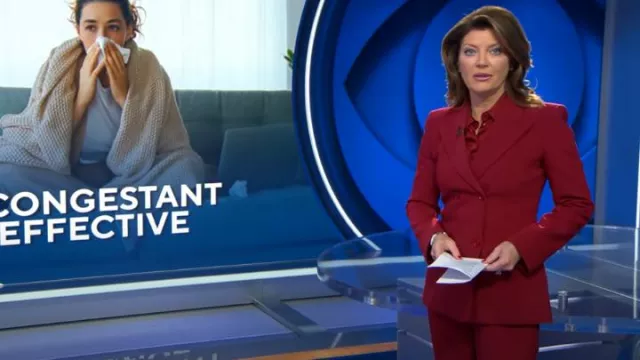 Michael Kors Collection Double-Breasted Blazer Jacket In Merlot worn by Norah O'Donnell as seen in CBS Evening News on  September 12, 2023