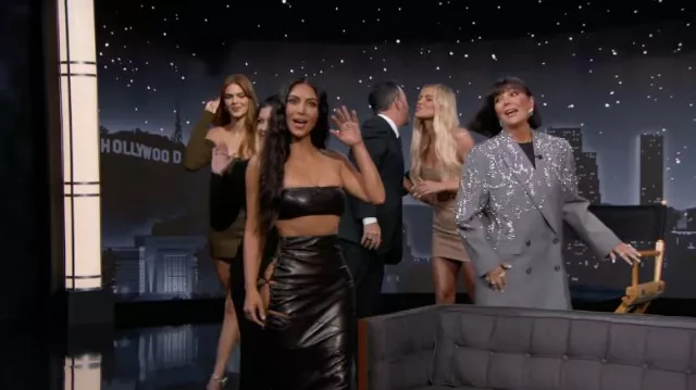 Leather bra and skirt ensemble worn by Kim Kardashian as seen in Jimmy Kimmel Live! on April 6, 2022
