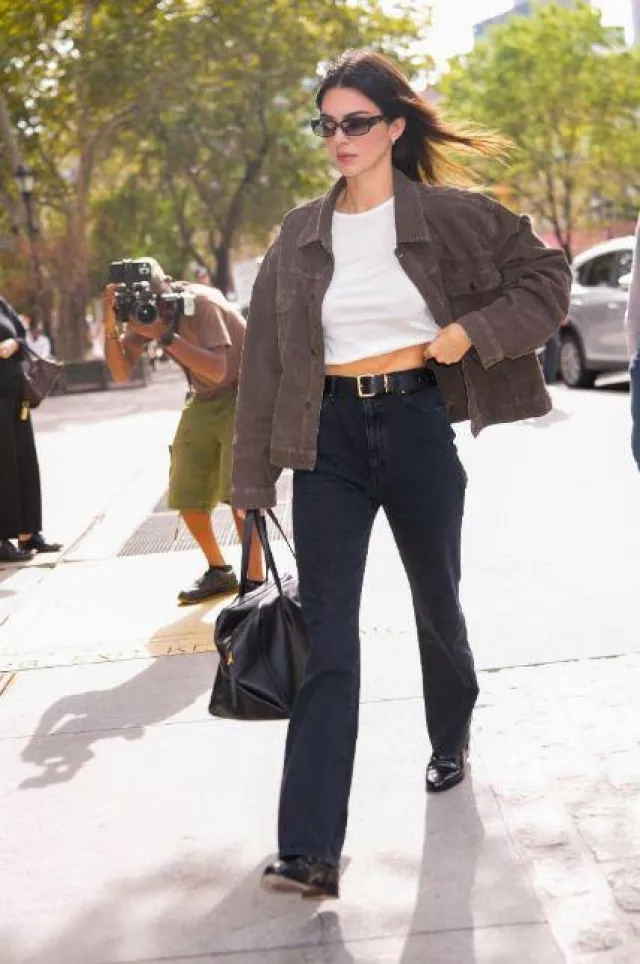 The Row Sleek Leather Belt worn by Kendall Jenner out in NYC on September 16, 2023