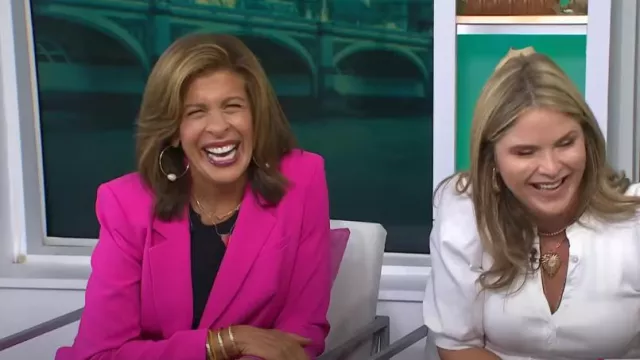 Express One Button Cinched Boyfriend Blazer In Neon Berry worn by Hoda Kotb as seen in Today with Hoda & Jenna on September 15, 2023
