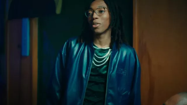 MM6 Maison Margiela Blue Faux Leather Numbers Bomber Jacket worn by Lil Tecca in TEC music video