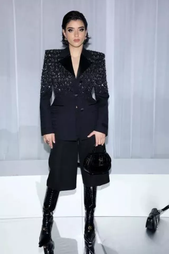 Versace Croc Effect Greca Goddess Top Handle Bag worn by Dixie D'Amelio at Versace Fashion Show on September 22, 2023