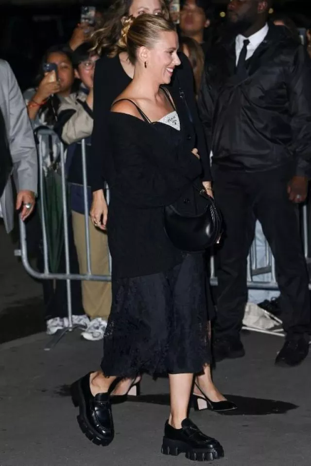 Prada Arque Leather Mini Shoulder Bag worn by Scarlett Johansson at Prada Dinner on September 21, 2023