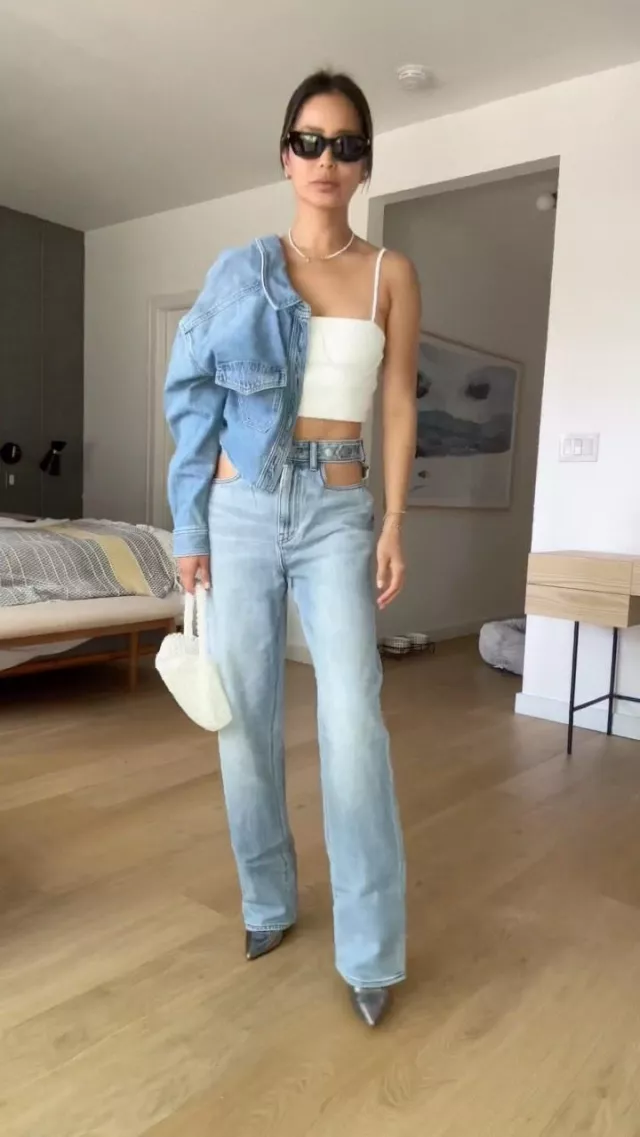 Melie Bianco Sherry Crystal Beaded Top Handle Bag worn by Jamie Chung on her Instagram Reels Post on August 19, 2023