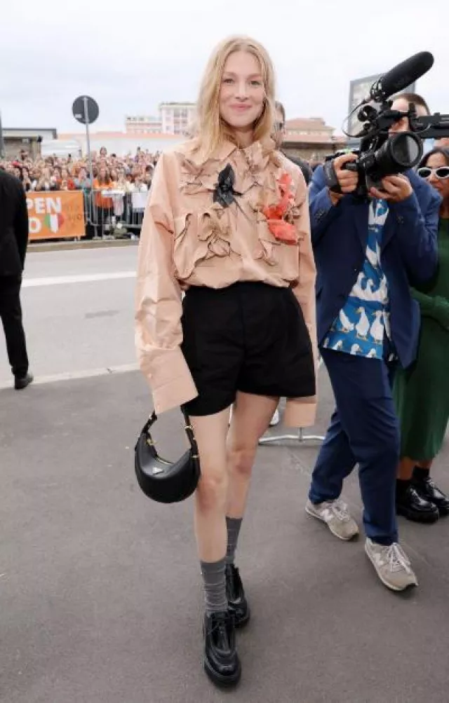 Prada Brushed Leather Lace-Up Shoes worn by Hunter Schafer at Prada Show post on September 21, 2023