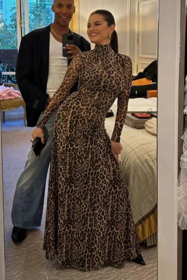Ronny Kobo Ember Leopard Print Mock Neck Maxi Dress worn by Selena ...