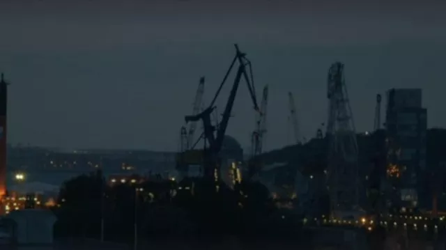 Harbor cranes in Hamburg, Germany as viewed by Maria (Kim Basinger) in I Am Here