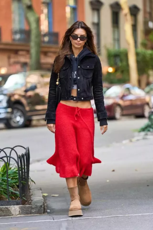 Courreges Suede Trucker Jacket worn by Emily Ratajkowski in NYC on September 22, 2023