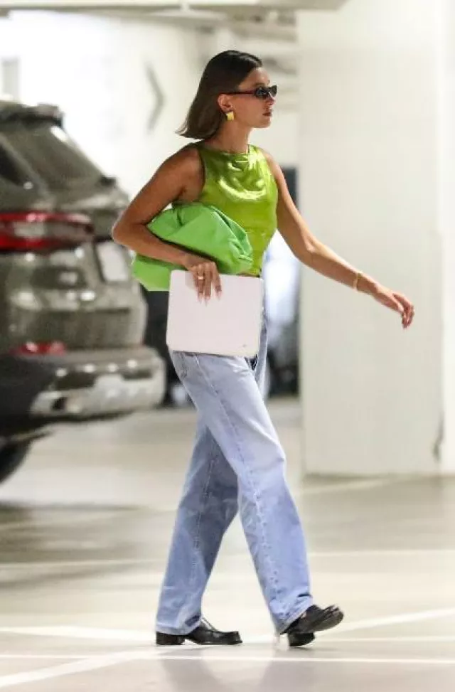 Saint Laurent 557 Sunglasses In Medium Havana And Green worn by  Hailey Bieber in Beverly Hills Post on August 14, 2023