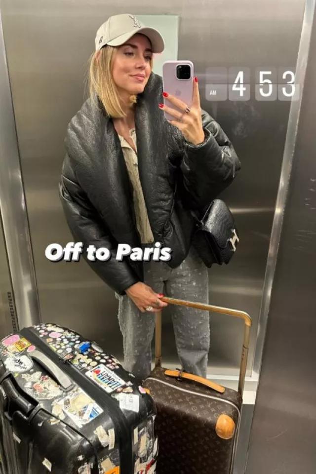 Saint Laurent Padded Textured Leather Jacket worn by Chiara Ferragni on her Instagram Story on September 26, 2023
