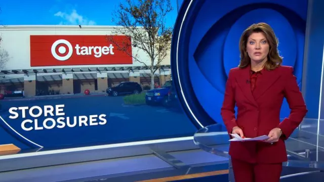 Michael Kors Collection Double-Breasted Blazer Jacket in Merlot worn by Norah O'Donnell as seen in CBS Evening News on September 27, 2023