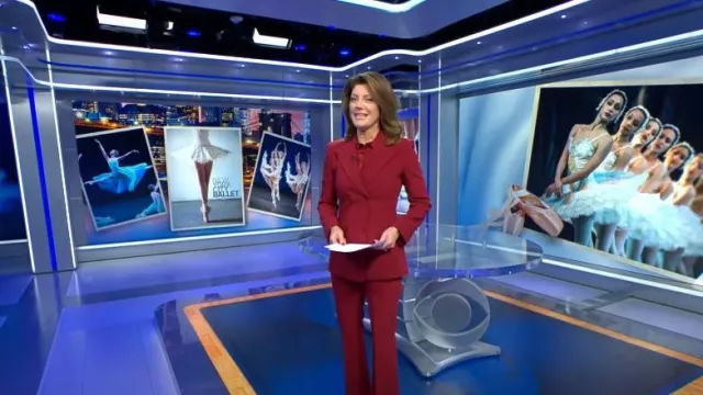 Michael Kors Collection Haylee Flare Crepe Trousers in Merlot worn by Norah O'Donnell as seen in CBS Evening News on September 27, 2023