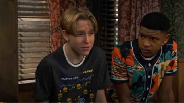 Cat & Jack Boy's Short Sleeve Pac-Man Shark Graphic T-Shirt worn by Jake Jacobs (Luke Busey) as seen in BUNK'D (S07E05)