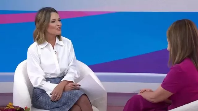 Thom Browne Plaid Wool-Blend Midi-Skirt worn by Savannah Guthrie as seen in Today on  October 3, 2023