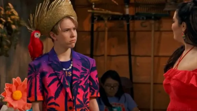 OppoSuits Suave Sunset Tropical Slim-Fit Summer Novelty Suit & Tie Set worn by Jake Jacobs (Luke Busey) as seen in BUNK'D (S07E07)