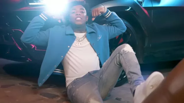 Amiri Clay Indigo & White Suede MX1 Jeans worn by Yungeen Ace in Did It First (Official Music Video)