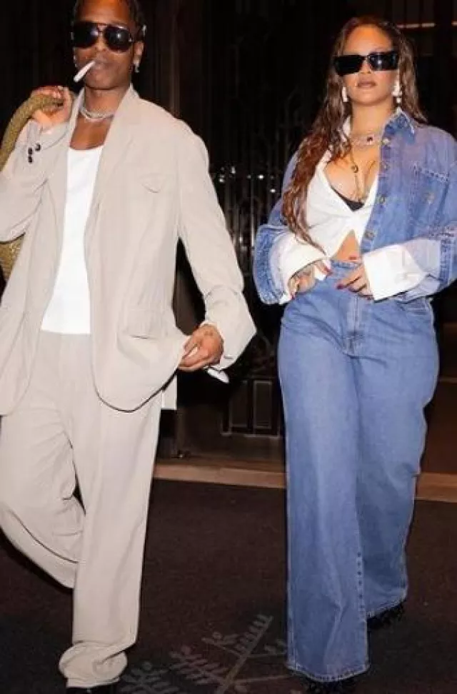 Miu Miu Long-Sleeved Buttoned Denim Jacket worn by  Rihanna in New York on  October 6, 2023