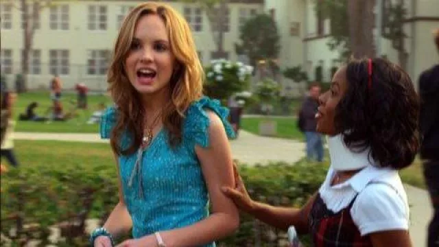 Marc by Marc Jacob Blue Printed V-Neck Blouse worn by Bianca Stratford (Meaghan Martin) in 10 Things I Hate About You (S01E01)