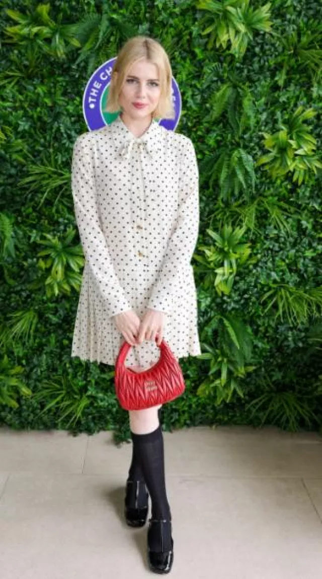 Miu Miu Printed Crepe De Chine Dress worn by Lucy Boynton at Wimbledon on July 14, 2023