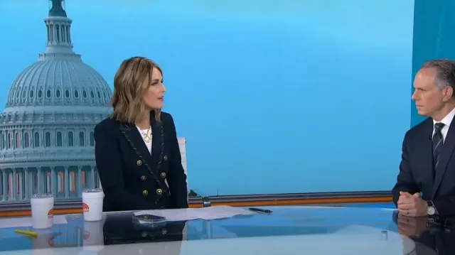 Veronica Beard Miller Striped Piping Dickey Jacket In Navy worn by Savannah Guthrie as seen in Today  on  October 12, 2023