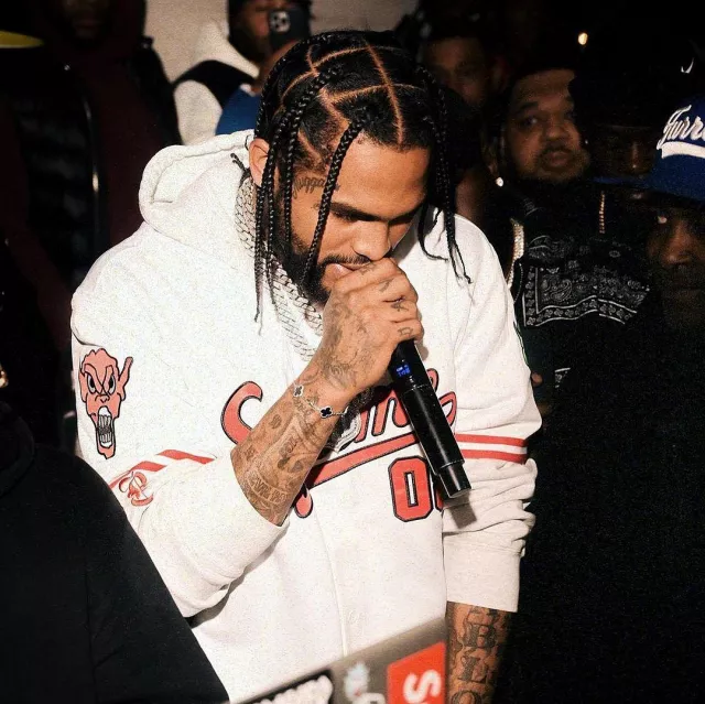 Supreme x Mitchell & Ness White Devil Baseball Jersey worn by Dave East on the Instagram account @daveeast