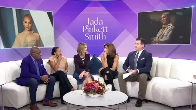 Frame Trapunto Denim Midi Skirt worn by Savannah Guthrie as seen in Today on  October 13, 2023