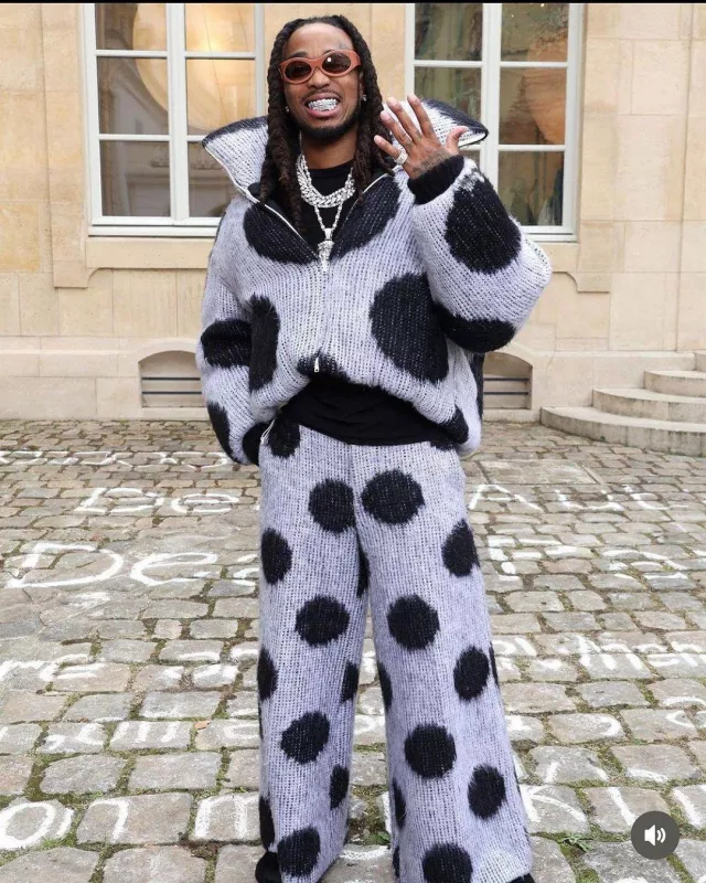 Marni White & Black Polka Dot Knit Puffer Jacket worn by Quavo on the Instagram account @quavohuncho