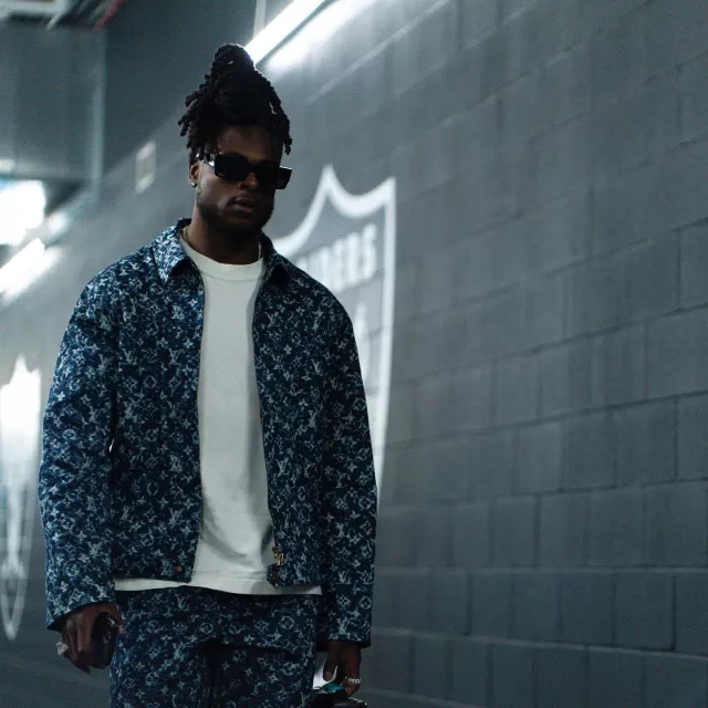 Louis Vuitton Blue Speckled Monogram Workwear Jacket worn by Davante Adams on the Instagram account @taeadams