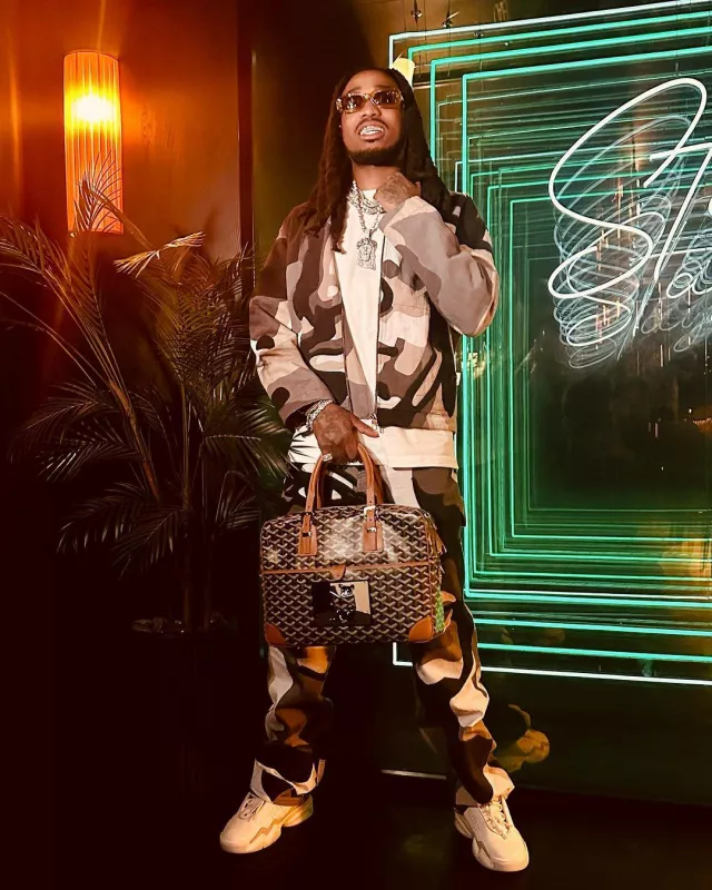 Louis Vuitton Grey Face Patch­work Jeans worn by Quavo on the Instagram account @quavohuncho