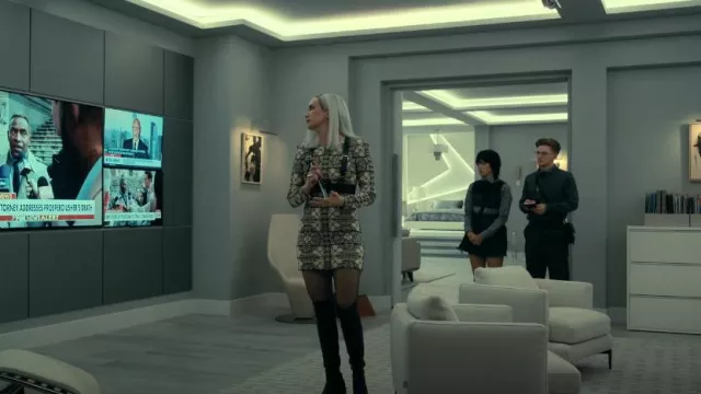 Alexander McQueen Long-Sleeve Stained Glass Sheath Dress worn by Camille L'Espanaye (Kate Siegel) as seen in The Fall of the House of Usher (S01E03)