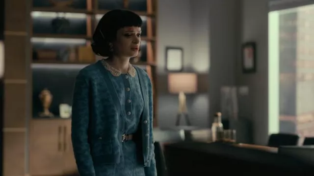Maje Squiggle Jacquard Cardigan worn by Juno (Ruth Codd) as seen in The Fall of the House of Usher (S01E07)