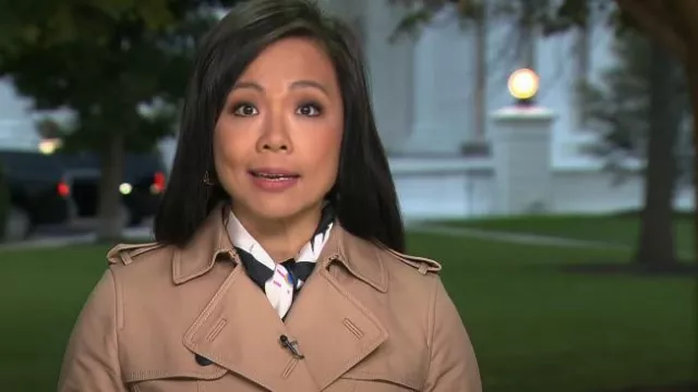 Hobbs London Saskia Trench worn by Weijia Jiang as seen in CBS Mornings on October 9, 2023