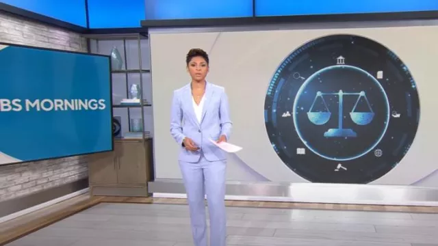 Ann Taylor The Notched One Button Blazer In Cross Weave In Deep Wisteria worn by Jericka Duncan as seen in CBS Mornings on October 12, 2023