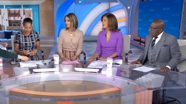 Veronica Beard Solene Cashmere Cardigan in Beige worn by Savannah Guthrie as seen in Today on October 16, 2023