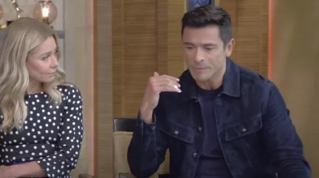 Ralph Lauren Clifton Suede Leather Trucker Jacket worn by Mark Consuelos as seen in LIVE with Kelly and Mark on October 16, 2023