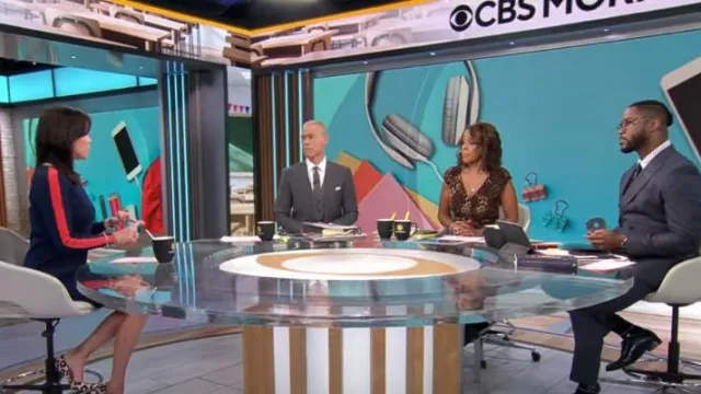 Vestido de rayas de carreras de Ted Baker usado por Meg Oliver como se ve en CBS Mornings el 20 de octubre de 2023
