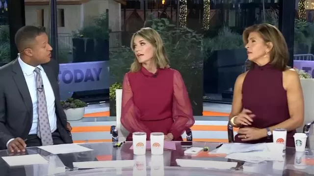 Giorgio Armani Organza-Sleeved Flared Mini Dress In Red worn by Savannah Guthrie as seen in Today on October 24, 2023